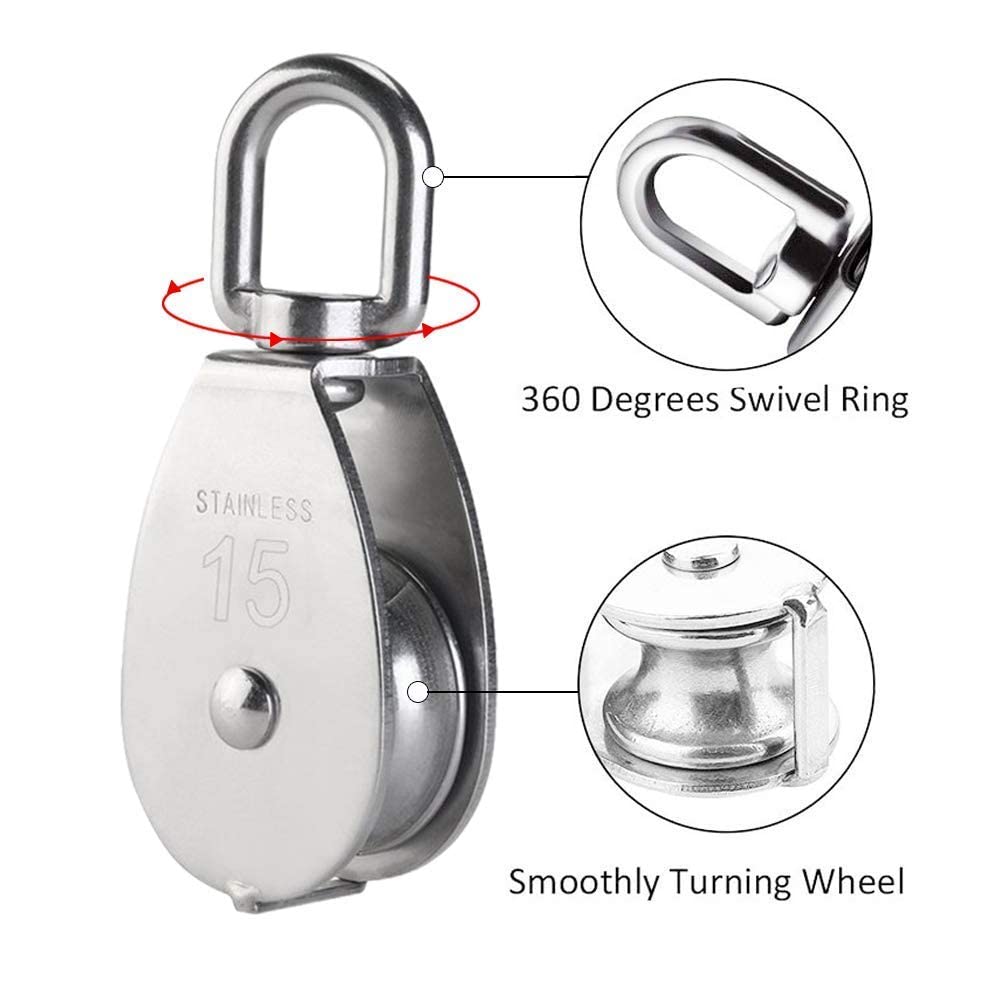 Proberos Magideal 4 Piece M15 Heavy Duty Single Wheel Swivel Rigging Lifting Rope Pulley Block (Silver, Set of 4) Proberos Magideal 4 Piece M15 Heavy Duty Single Wheel Swivel Rigging Lifting Rope Pulley Block (Silver, Set of 4)
